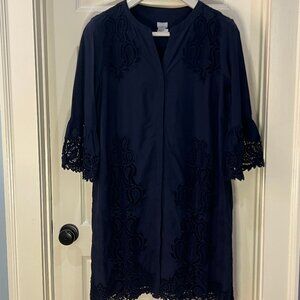 Chico's Midnight Blue Button Up Dress with Lace and Embroidery - Size 3 (16)